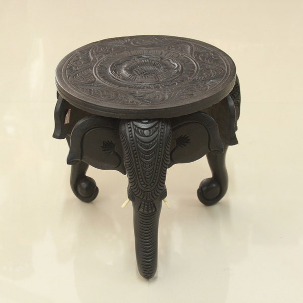 Hand Carved Wooden Elephant Planter Stand: Home Temple Decor, Small Table