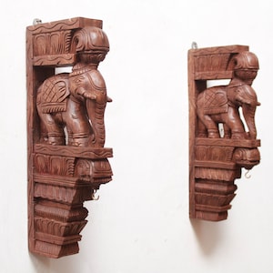 Elefant Statue Holz Wandhalterung Pflanze / Lampenaufhänger Haken Vintage Tempel / Wohnkultur Antike Indische Architektur Wand / Tür Eingang