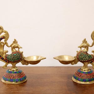 Brass Diya Pair Peacock Oil Lamp Diwali Decor Gift Home Garden Decorative Lamp Temple Mandir Puja Room Living Room Garden Decor Bird Statue