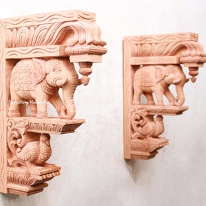 Wooden Wall Bracket Elephant Statue Corbel Pair Vintage / Antique Home Decor Wall Shelf / Garden / Living Room / Temple /Entrance Door Decor