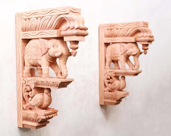 Wooden Wall Bracket Elephant Statue Corbel Pair Vintage / Antique Home Decor Wall Shelf / Garden / Living Room / Temple /Entrance Door Decor