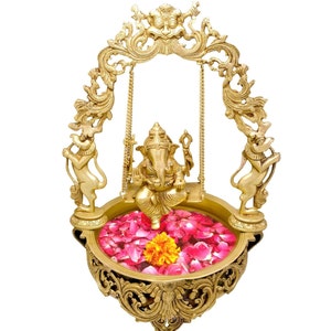 Jhoola Ganesh Flower Bowl Urli Swing Ganesha Prabhavali Big Brass Ganesha Home Decor Temple Decor Art Hindu Decorative Flower Bowl Gift Idol