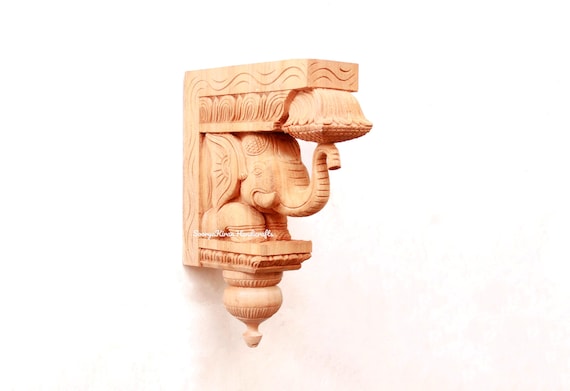 Hand Carved Mahogany Elephant Wall Bracket: Temple Decor