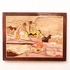 Indian Village Scenery Inlay Painting Vintage Home Decor Wall Hanging Handmade Gift Handicraft Folk Art Living Room Garden Lounge Decor