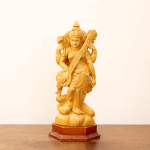 Saraswati Statue Handmade Wooden Sculpture Hindu Goddess of Music & Knowledge Home Decor Temple Figurine Living Room Garden Decorative Idol