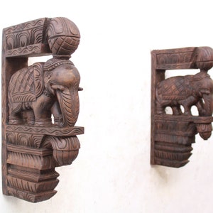 Wooden Wall Bracket Elephant Statue Corbel Pair Vintage Home Decor Lamp / Plant Hanger Wall Shelf /Stand Door Entrance Temple / Garden Decor