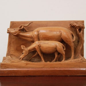 Deer And Calf Statue Teakwood Sculpture Shelf / Home / Living Room Decor Gift Hand Carved Vintage / Antique Style Animal / Jungle Carving