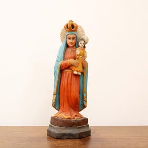 Our Lady with Child Jesus Statue Wooden Antique Sculpture Vintage Christian Home Decor Church Altar Figurine Virgin Mary Madonna Baby Jesus