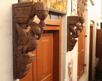 Bird Bracket Wall Corbel Pair Peacock Statue Welcoming Home Decor South Indian Vintage Wooden Architectural Shelf Maker Antique Style Rare