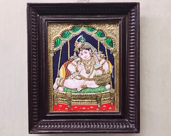 Krishna Tanjore pintura Thanjavur bebé Krishna Makhan Chor niño Krishna decoración del hogar pared colgante oro chapado pintura vintage templo arte