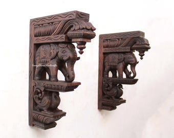 Elephant Statue Wooden Wall Bracket Corbel Pair Asian / Indian Elephant Sculpture Vintage Home Decor Entrance Wall Hanging Shelf Antique Art