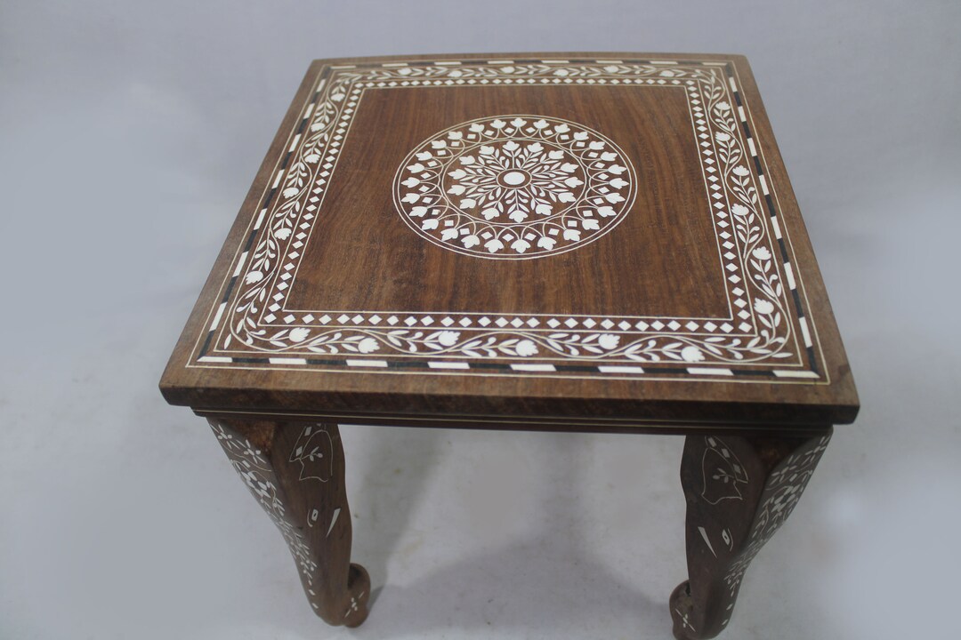 thumbnail image 2 of Handmade Sheesham Wood Round Coffee Table Vintage Carved Center Teapoy India 2 of 6
