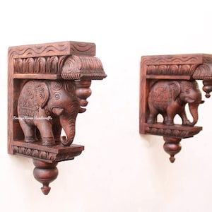 Elephant Statue Wooden Wall Bracket Corbel Pair Plant / Lamp Hanger Shelf Door Entrance Wall Hanging Vintage Home Garden Decor Antique Art