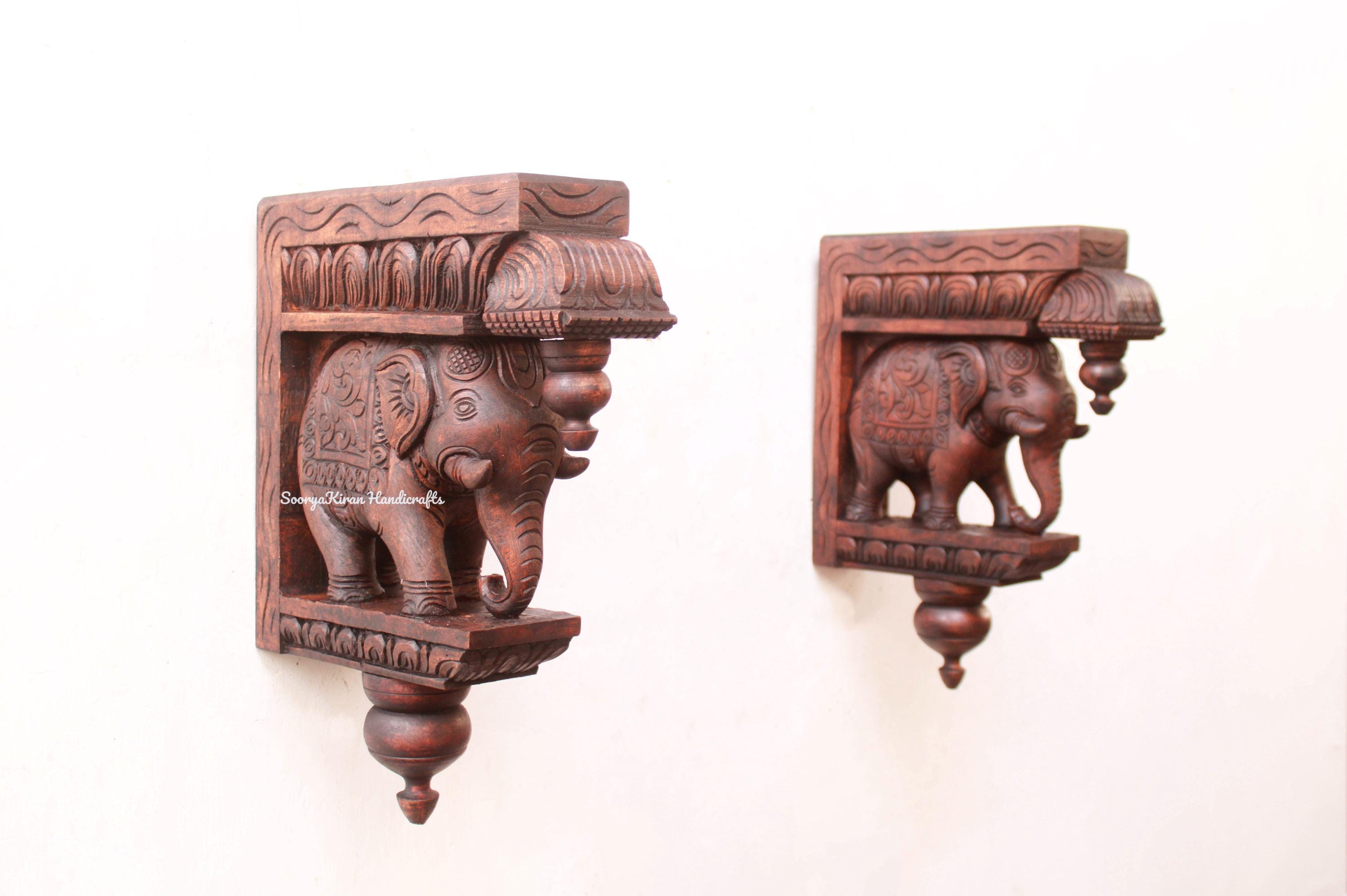 Elephant Statue Wooden Wall Bracket Corbel Pair Plant / Lamp Hanger Shelf Door Entrance Wall Hanging Vintage Home Garden Decor Antique Art