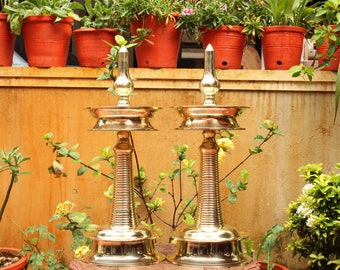 Brass Oil Lamp Pair Nilavilakku Samai Temple Lamp Auspicious Home Decor Temple Art Hindu Housewarming Wedding Gift Golden Oil Wick Lamp Pair