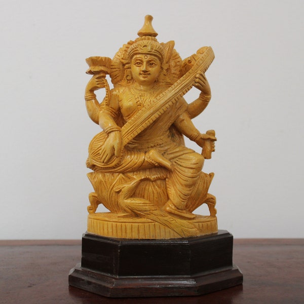 Saraswathi Statue Wooden Hindu Goddess Of Knowledge Music Saraswati Small Wooden Sculpture Amulet Gift Pooja Figurine Puja Idol Home Decor
