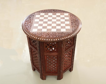 Vintage Chess Board Table Wooden Handicraft Antique Home Decor Office / Living Room / Lounge Interior Decor Gift Round Center Table