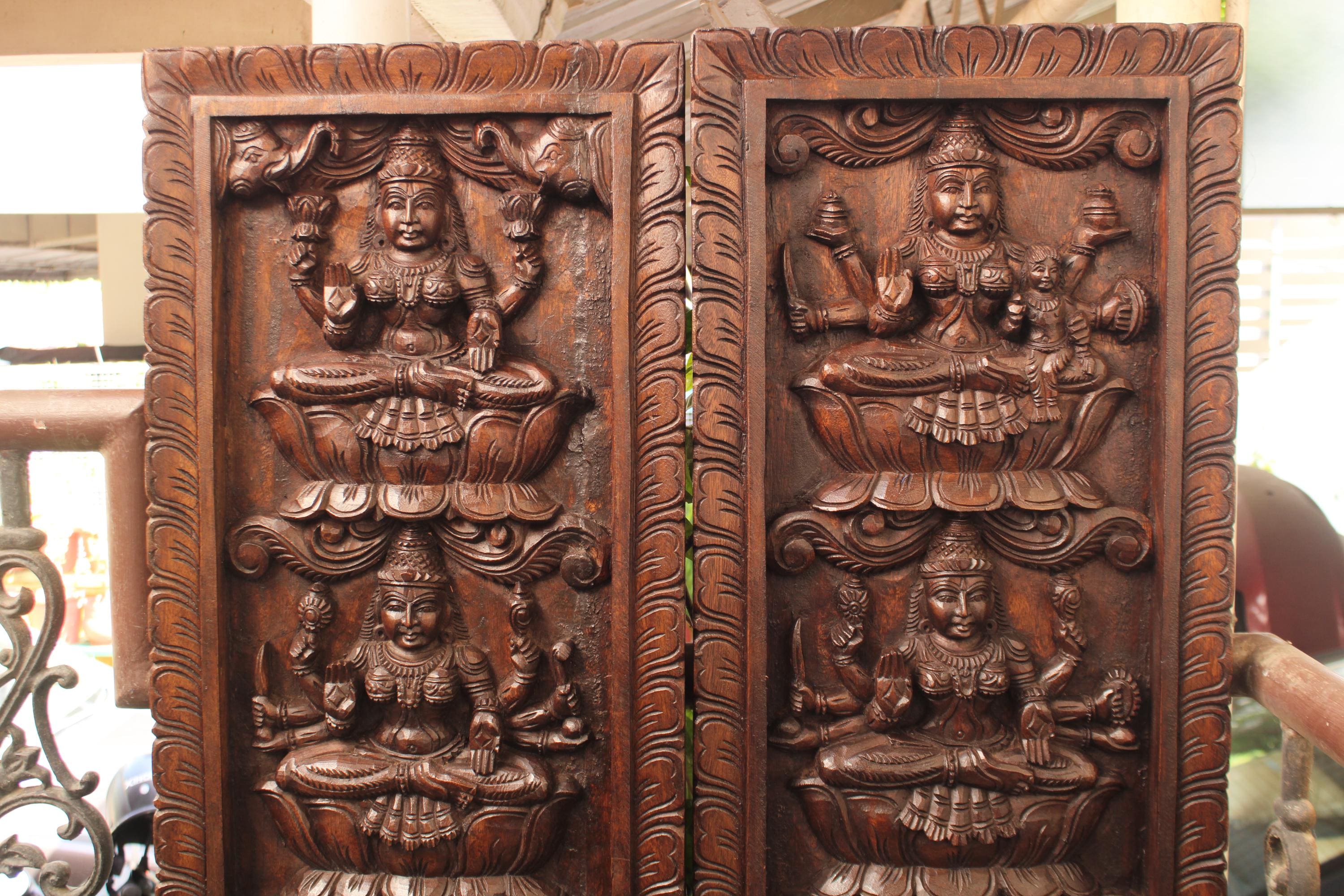 Hand-carved Ashtalakshmi Wood Wall Panel - Hindu Goddess Lakshmi
