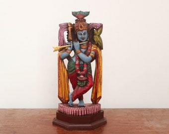 Statua di Krishna, scultura in legno d'epoca, dio indù, tempio domestico, decorazione da giardino, statuetta in stile antico, idolo Pooja, Puja, Murti, regalo decorativo artistico