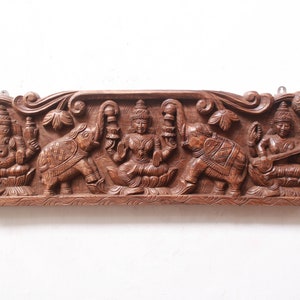 Ganesha Lakshmi Saraswathi Gajalakshmi Statue Hindu Goddess Wooden Wall Panel Horizontal Lintel Home Temple Garden Entrance Door Top Carving