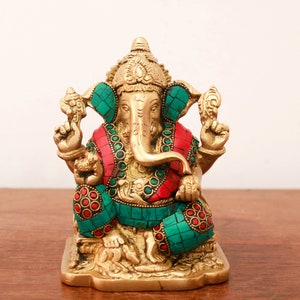Ganesha Statue Hindu God Brass Sculpture Amulet Gift Idol Vinayaka Figurine Ganesh Murti Ganapathi Deity Home Garden Shelf Decor Dashboard