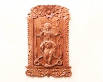 Estátua de Ayyappa, deus hindu, escultura de madeira para parede, entalhada à mão, estatueta para decoração de parede de templo doméstico, mandir, sala de puja, painel artístico.