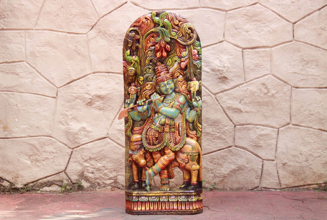 Krishna Statue Big Hindu God Wooden Hand Carved Sculpture Vintage Hindu Home Temple Garden Decor