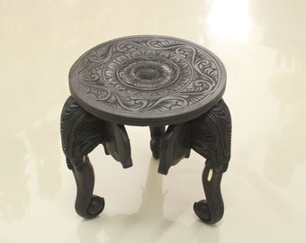 Small Round Table Wooden Stool Flowerpot Vase Planter Stand Vintage Home Garden Temple Decor Antique Style Elephant Head Floral Carved Table