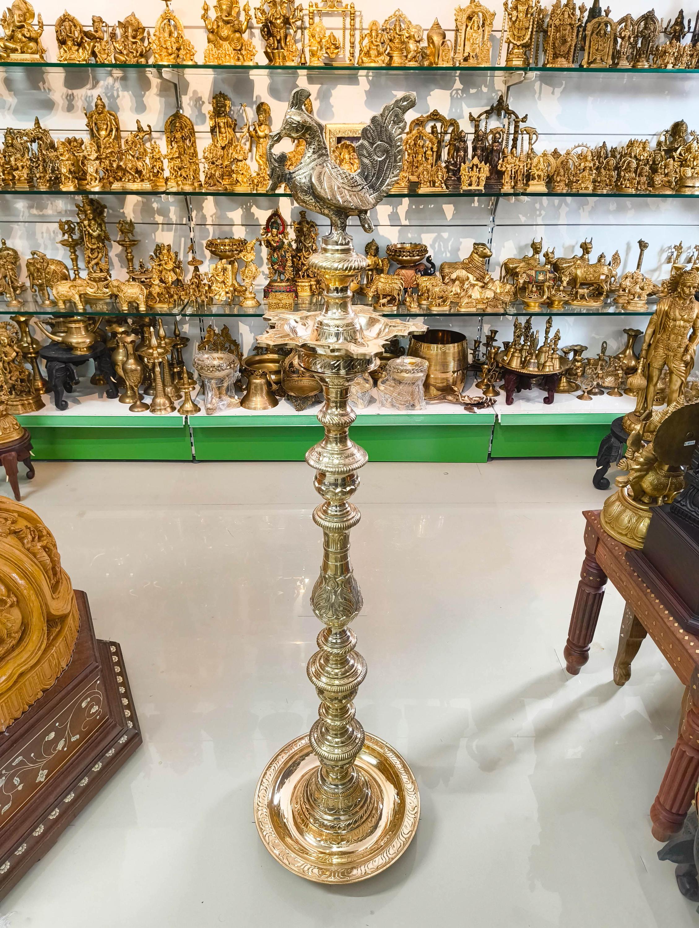 Oil Lamp Brass Diya Big Samai Hindu Temple Lamp 51 in Peacock Lamp