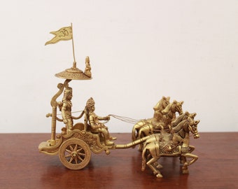 Geetopadesha Bhagavad Gita Krishna Arjuna Chariot Statue Hindu God Home Living Room Shelf Mandir Decor Gift Memento Mahabharat Deity Brass