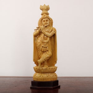 Sri Krishna Statue Wooden Hindu God Home Decor Living Room Sculpture Gift Idol Puja Pooja Figurine Hand Carved Wedding Housewarming Gift