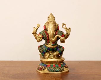 Messing Ganesha-beeld: sculptuur hindoegod, puja-decor thuis