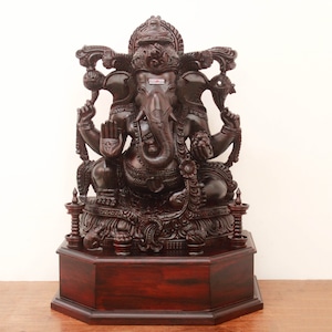 Wooden Ganesha Statue Big Rosewood Hand Carved Sculpture Hindu God Ganesh Carving Vinayaka Figurine Pooja Murti Puja Idol Home Temple Decor