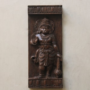 Sri Hanuman Statue Wall Hanging Wooden Wall Panel Ram Home Decor Hindu God Sculpture Blessing Posture Monkey God Temple Carving Figurine