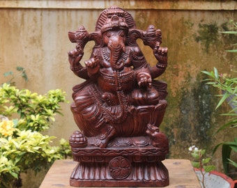 Wooden Ganesha Statue Ganesh Sculpture Hindu God Vinayaka Vighneshwara Ganpati Vigarah Home Temple Decor Figurine Pooja Puja Vigrah 1.5 Feet
