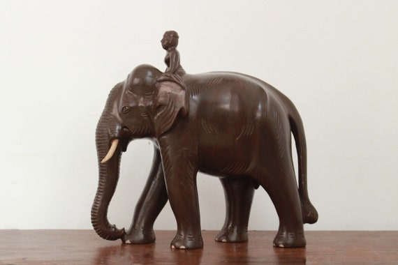 象の像 木製 マハウト ヴィンテージ ホームデコレーション 動物彫刻