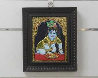 Cuadro del Niño Krishna, Dios hindú, decoración para el hogar, colgante de pared, chapado en oro, pintura de Tanjore Thanjavur, regalo hindú, arte indio vintage para la sala de estar