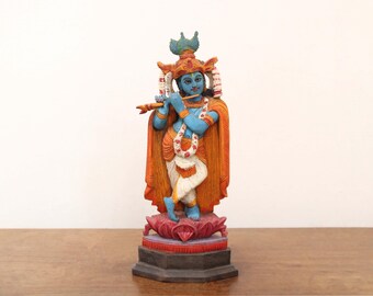 Statua di Krishna d'epoca, scultura in legno antica del dio indù, decorazione per la casa, statuetta, tempio, arte, decorazione da giardino, idolo decorativo Pooja Puja Murti