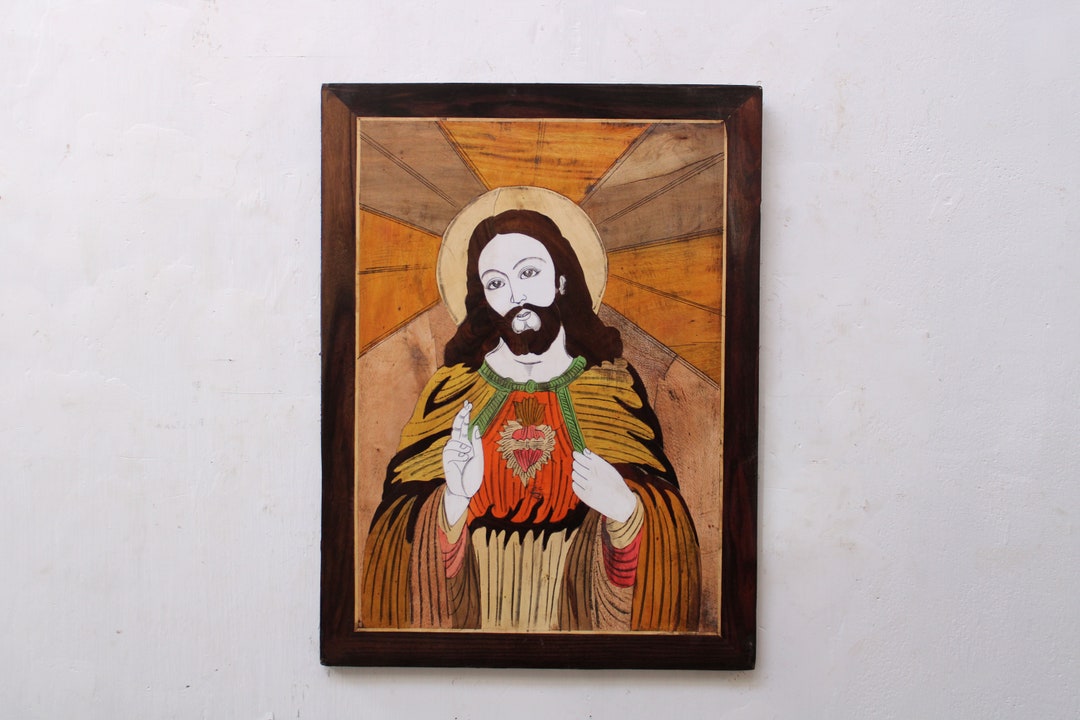 Jesus Painting Wood Inlay Art Wall Hanging Christian Home Etsy