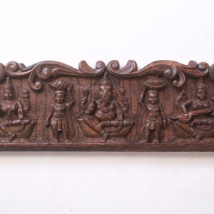 Ganesh Lakshmi Saraswathi Statue Wooden Wall Hanging Panel Lintel Hindu God Home Garden Temple Pooja / Living Room Decor Entrance Door Top