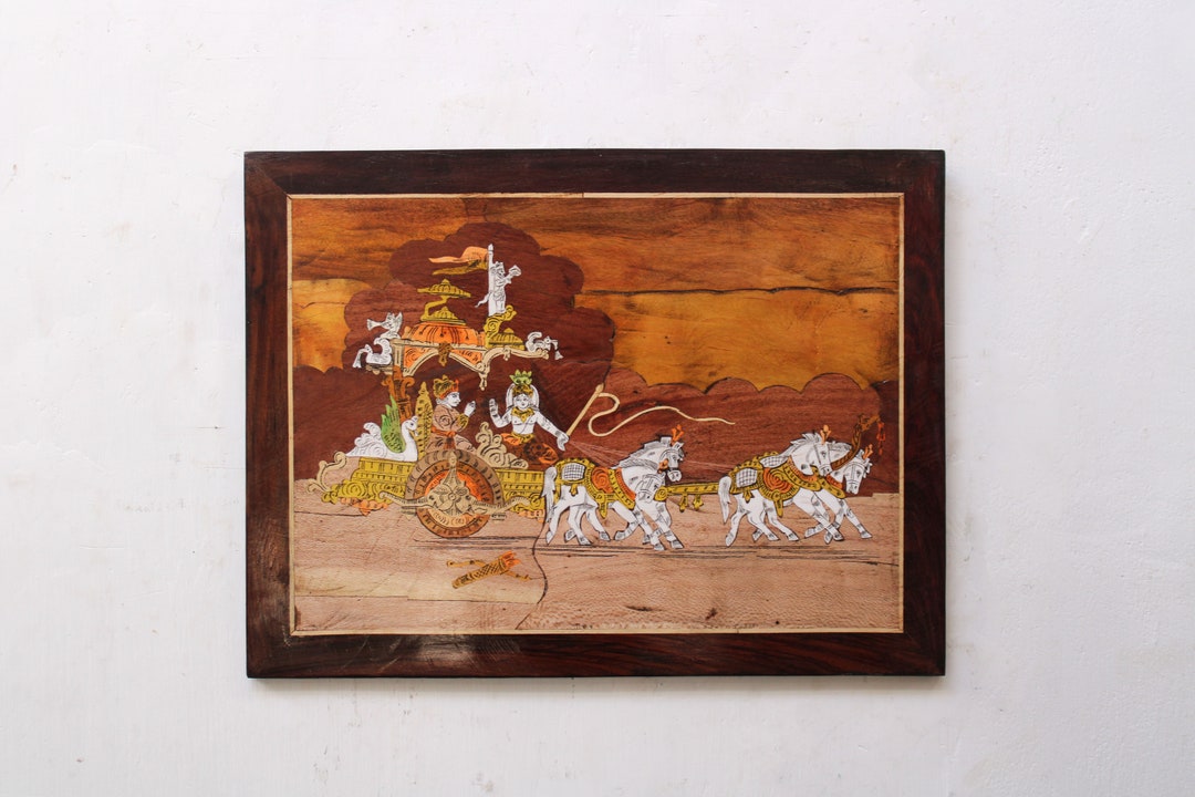 Geetopadesha Wood Inlay Painting Bhagavad Gita Wall Hanging Panel Hindu