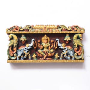 Lakshmi Statue Wall Hanging Panel Lintel Wooden Hindu Goddess Gajalakshmi Sculpture Vintage Home Garden Mandir Temple Wall Decor Door Top