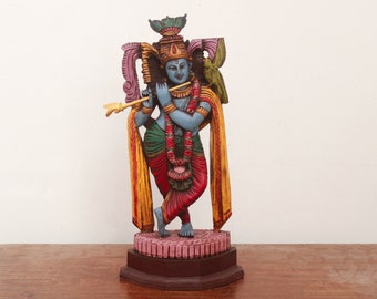 Krishna Statue Antique Wooden Sculpture Vintage Style Hindu Home Garden Temple Decor Pooja Idol Puja Murti Gift Figurine Hindu God Krsna Art