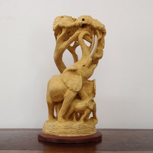 Elephant Statue African Elephant Sculpture Home Decor Living Room Trunk Up Baby Elephant Herd Wooden Carving Memento Gift Figurine Jungle