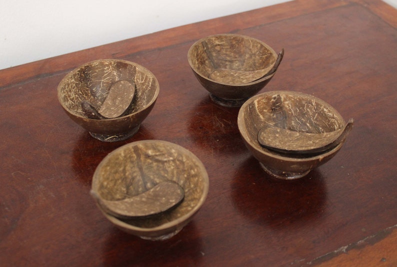 Coconut Shell Bowl Ice Cream Cup Soup / Salad Chutney Serving Bowl Set Of 4 Sustainable Eco-friendly Decorative Kitchenware Handicraft Decor image 4