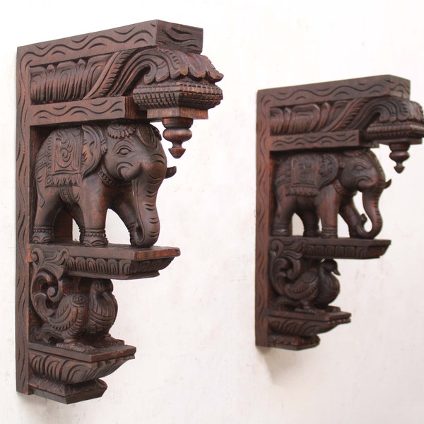 Elephant Statue Wooden Wall Bracket Corbel Pair Asian / Indian Elephant Sculpture Vintage Home Decor Entrance Wall Hanging Shelf Antique Art