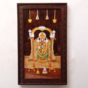 Tirupati Sri Venkateshwara Balaji Statue Wall Hanging Panel Big 3D Wood Inlaid Art Hindu God Mahavishnu / Vishnu Pooja Home Decor Sculpture