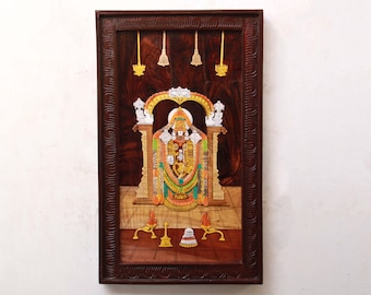 Handmade Tirupati Balaji Wood Inlay Art - Hindu God Vishnu Wall Panel Temple Pooja Room