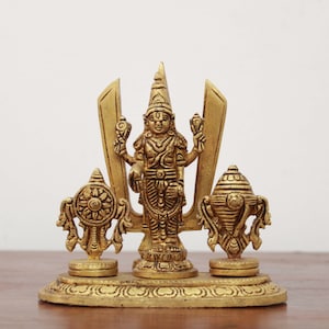 Lord Vishnu Statue Shankh Chakra Tirupati Balaji Brass Sculpture Hindu Home Decor Gift Idol Pooja Murti Puja Figurine Temple / Car Dashboard
