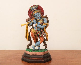 Statua di Krishna, scultura danzante in legno, dio indù, intaglio vintage/antico, suona il flauto, decorazione per casa, giardino, tempio, regalo, statuetta, idolo Pooja